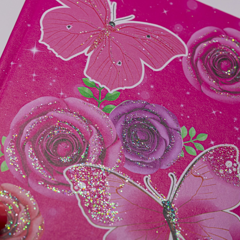 Блокнот в футляре, 13,0 см * 16,5 см, 7БЦ, Alingar, ламинация, глиттер, замочек, линия, 40 л., "Бабочки и розы", розовый