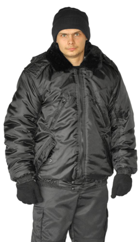 Куртка мужская на поясе &quot;Охрана&quot; зимняя черная (с капюшоном)