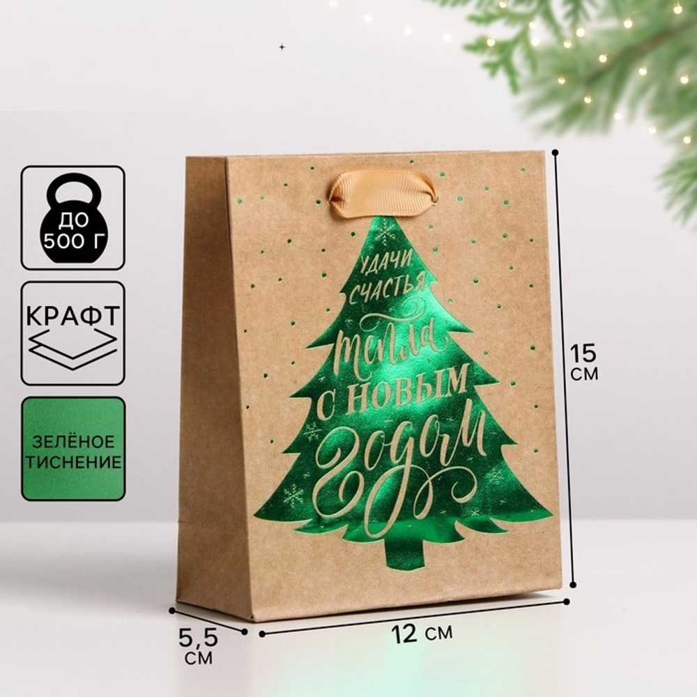 Пакет подарочный новогодний крафтовый «Ёлочка нарядная», S 12×15×5.5 см