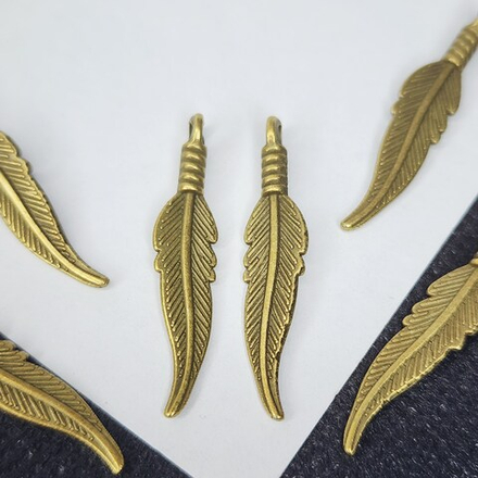 Перо подвеска, листик, пёрышко, р-р 31мм, античная бронза, штучно
