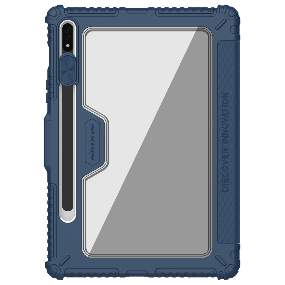 Чехол книжка синего цвета (Sapphire Blue) от Nillkin для планшета Samsung Galaxy Tab S8 и S8 5G, серия Bumper Pro, с защитной шторкой для камеры