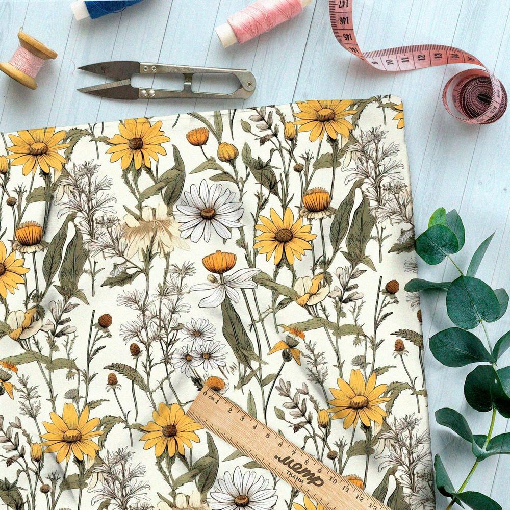 Ткань премиум шифон луговой гербарий