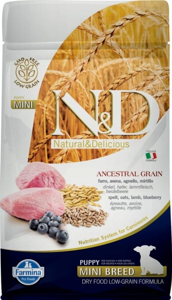 Сухой низкозерновой корм N&amp;D Ancestral Grain Dog Mini для собак мелких пород, ягненок и черника, 7 кг