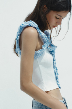 ZARA ТОП В РУБЧИК В КЛЕТКУ ВИШИ, ЖЕЛТОВАТО-БЕЛЫЙ