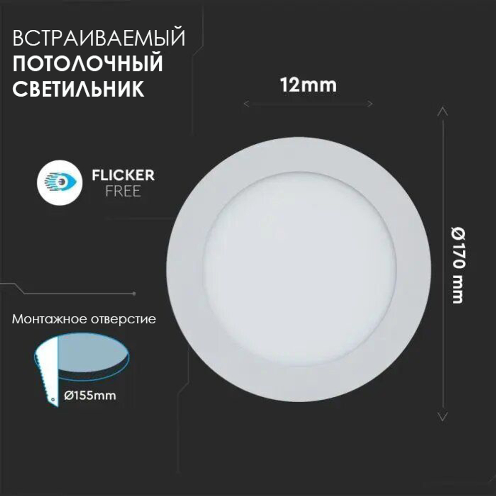 Светодиодная панель V-TAC, 12 Вт, 4000К, IP20, SKU 4858