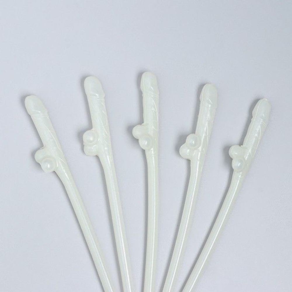 Светящиеся в темноте коктейльные трубочки в виде пениса - 5 шт. (Цвет: белый)