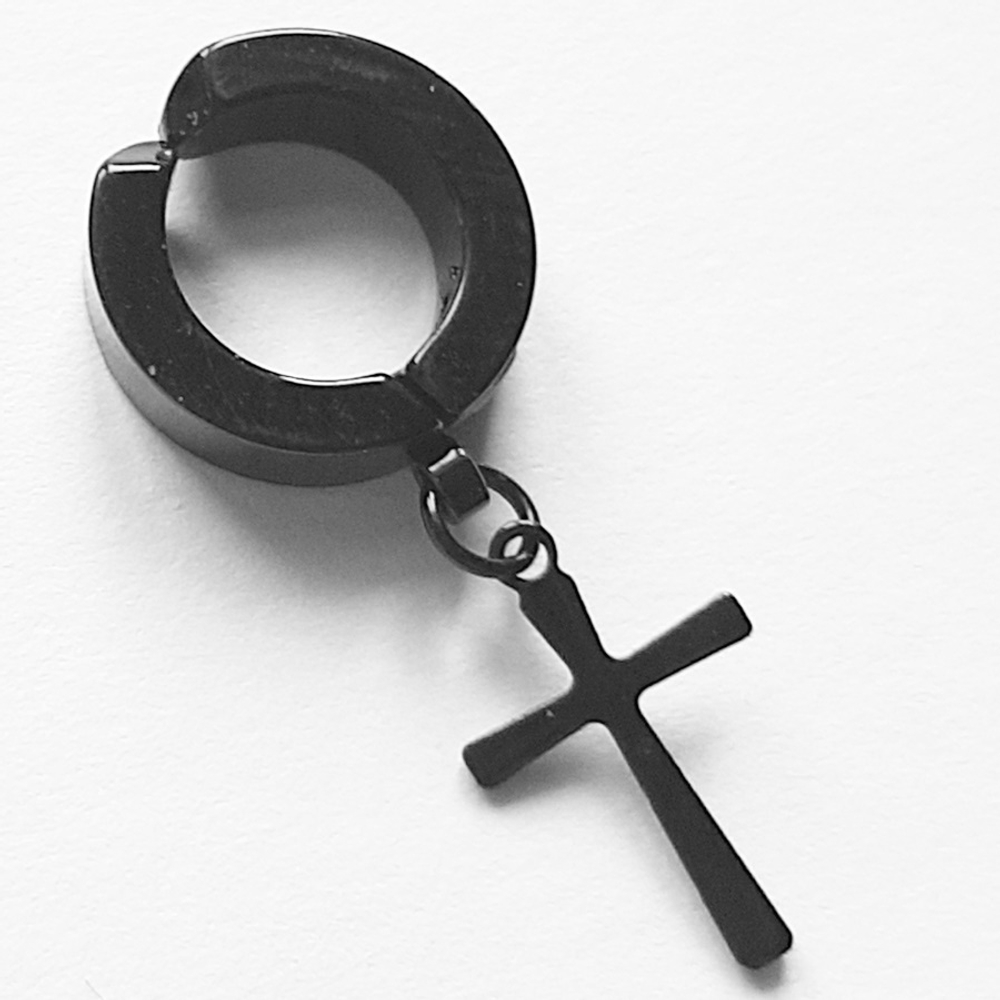 Обманка серьга-кольцо (без прокола) с подвеской "Черный крестик". Медицинская сталь. Цена за одну штуку!