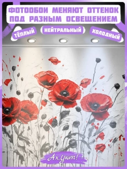 3D Фотообои красные цветы маки и серый фон