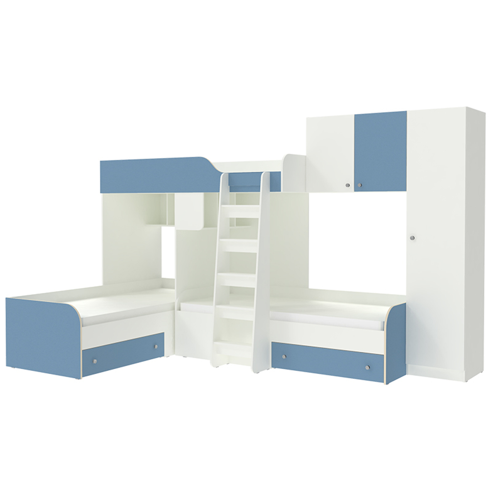 Кровать-чердак КарИВи Трио 2 Белый  Светло-синий, голубой