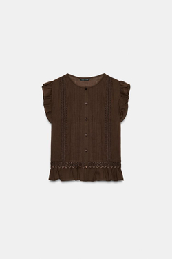 ZARA БЛУЗА С ВОЛАНАМИ И КРУЖЕВОМ, КОРИЧНЕВЫЙ