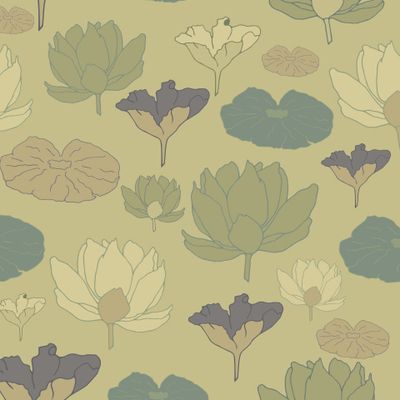 Лилии и кувшинки на оливковом фоне