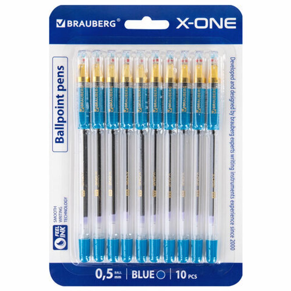 Ручки шариковые с грипом BRAUBERG "X-ONE", НАБОР 10 ШТУК, СИНИЕ, корпус прозрачный, узел 0,5 мм, линия письма 0,35 мм, 143990