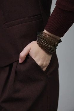 Браслет "Венеция" из венецианского стекла в оттенке раухтопаз и черной кожи, оттенок серебро