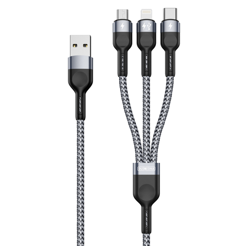 Кабель 3 в 1 в тканевой оплетке черного цвета от Duzzona с разъемами Type C, Lightning и Micro USB, серия A3 Cable, длина 1,3м