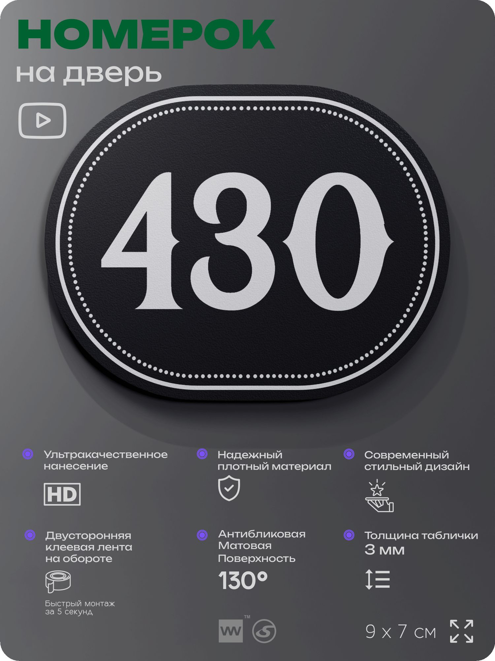 Номерок на дверь квартиры 430, для кабинета, офиса, шильдик 9 х 7 см, черный, Айдентика Технолоджи