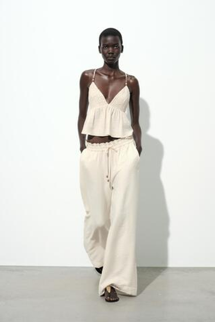 ZARA ШИРОКИЕ БРЮКИ ИЗ СТРУЯЩЕЙСЯ ТКАНИ, ЭКРЮ