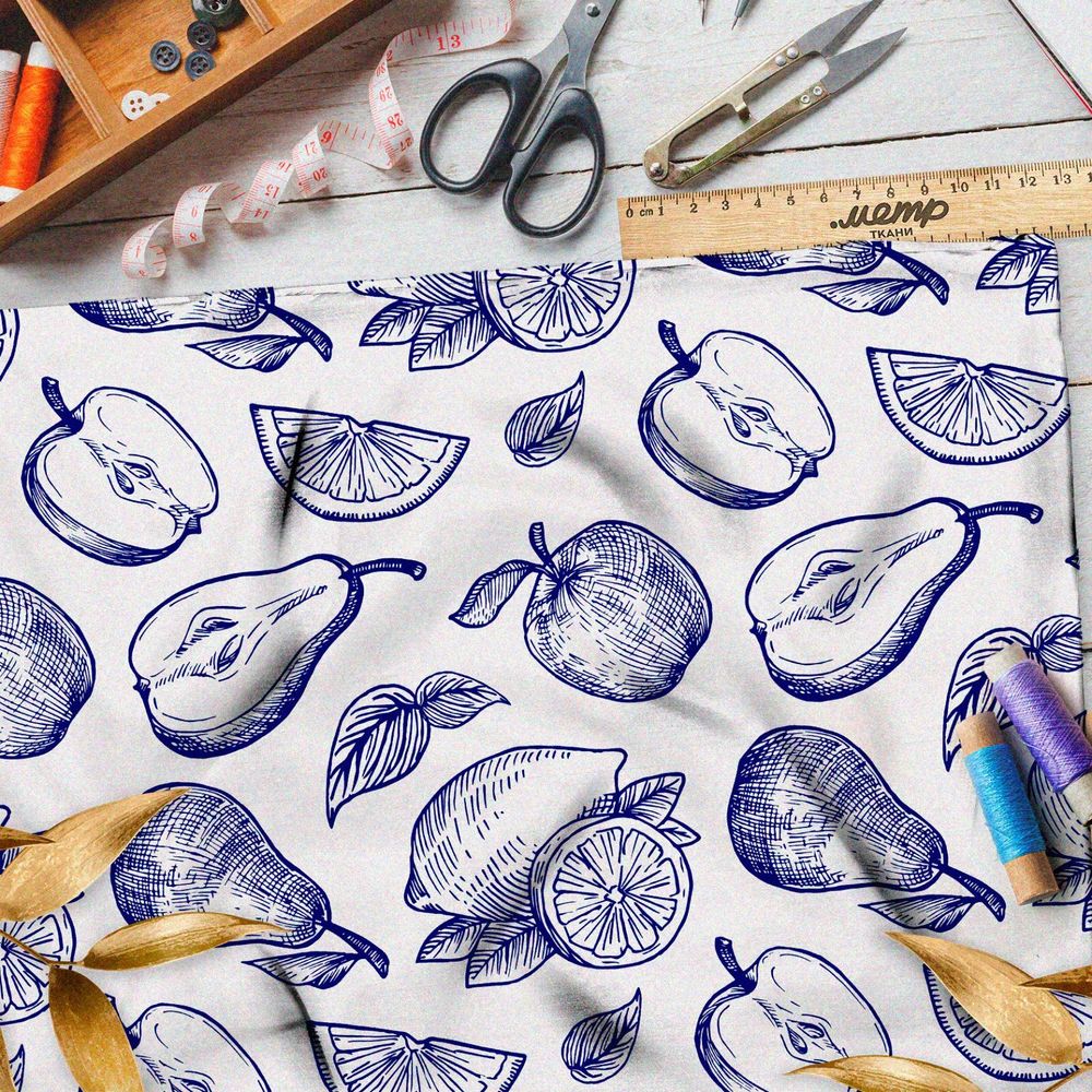Ткань габардин нарисованные синей пастой фрукты