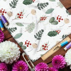 Ткань оксфорд 210 маленькие акварельные брусника и листья