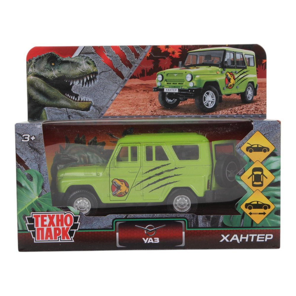 Модель ин. мет. "УАЗ Hunter. Динозавры" 11,5см, двер, багаж, салатовый, коробка HUNTER-12DIN(Технопарк)