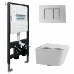 Унитаз подвесной ABBER Rechteck AC1201 белый с инсталляцией AC0105 и кнопкой AC0120 хром, безободковый, с крышкой микролифт