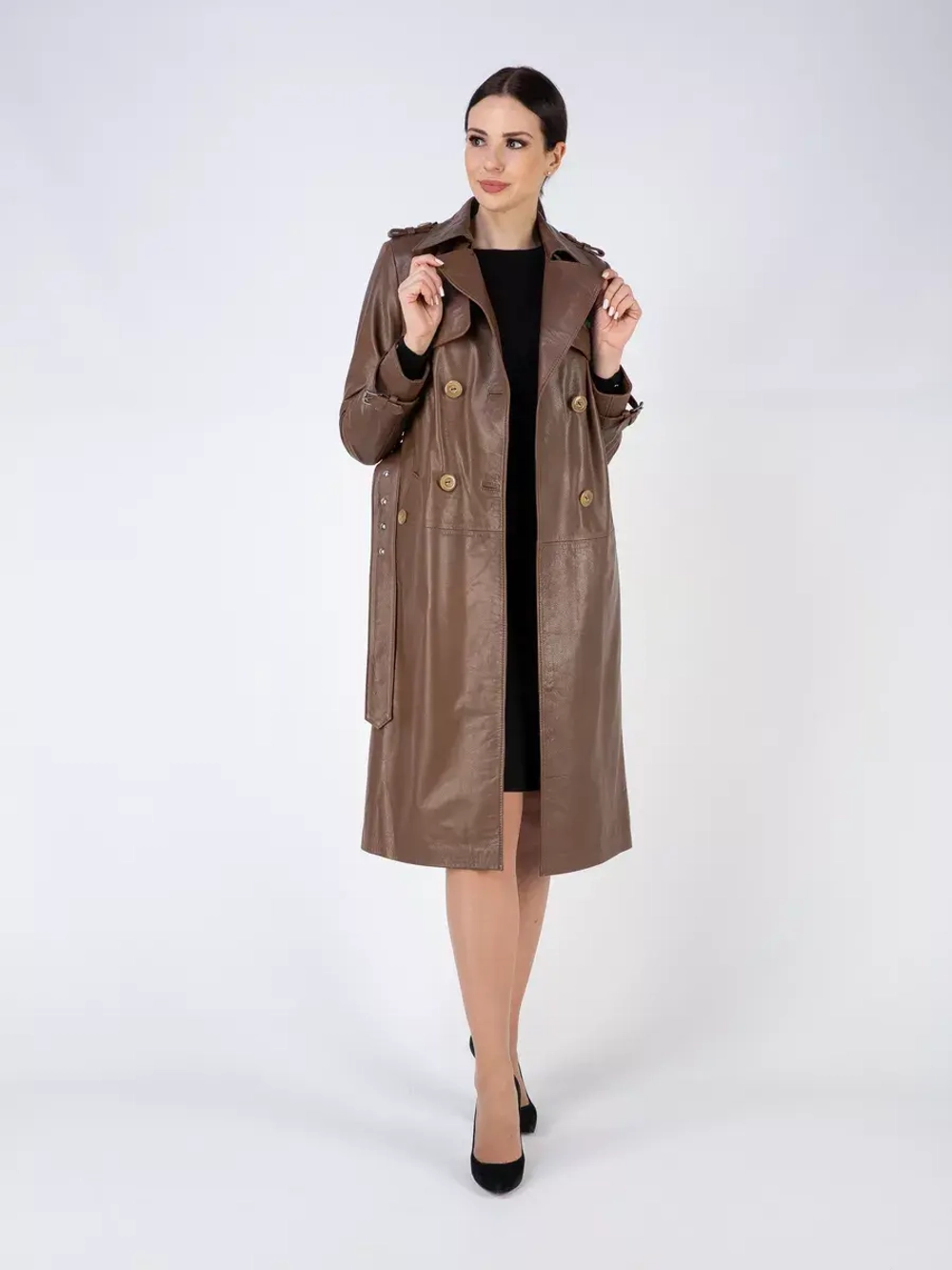 Тренч длинный кожаный с поясом плащ на осень