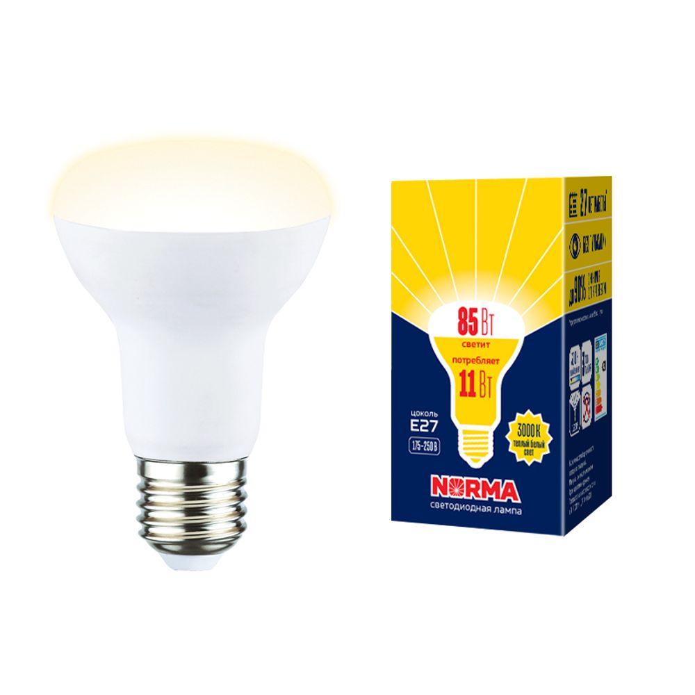 LED-R63-11W/3000K/E27/FR/NR Лампа светодиодная. Форма Рефлектор, матовая. Серия Norma. Теплый белый свет (3000K). Картон. ТМ Volpe