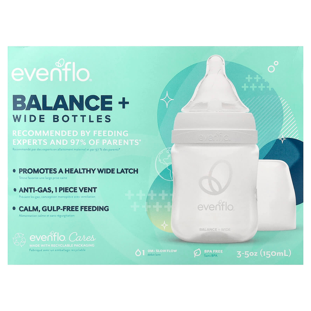 Evenflo Feeding, Balance+, флаконы, широкая, для детей от 0 месяцев, медленный поток, 3 флакона по 150 мл (5 унций)