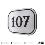 Номерок на дверь квартиры 107, для кабинета, офиса, шильдик 9 х 7 см, серебристый, Айдентика Технолоджи