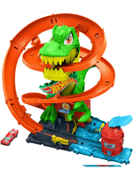 Hot Wheels JBM73 Ти-Рекс Пылающая битва, игровой набор с динозавром и машинками, трасса для трюков, оригинал Mattel