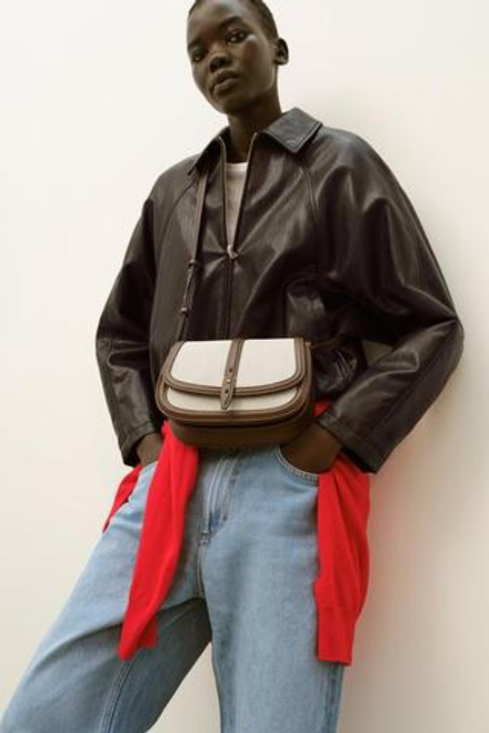 ZARA КОМБИНИРОВАННАЯ СУМКА С ПЛЕЧЕВЫМ РЕМНЕМ, СВЕТЛО-БЕЖЕВЫЙ