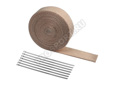 Термолента для глушителя бежевая 1mm*50mm*15m, с 7 хомутами, стекловолокно(в блистере)