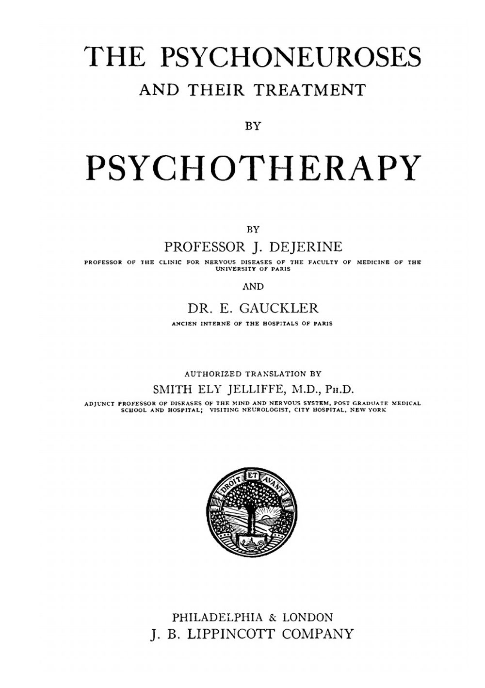 The Psychoneuroses and Their Treatment by Psychotherapy | Dejerine Joseph