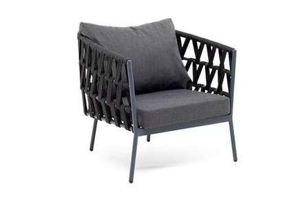 "Диего" кресло плетеное из роупа, каркас алюминий темно-серый (RAL7024) шагрень, роуп темно-серый круглый, ткань темно-серая 019