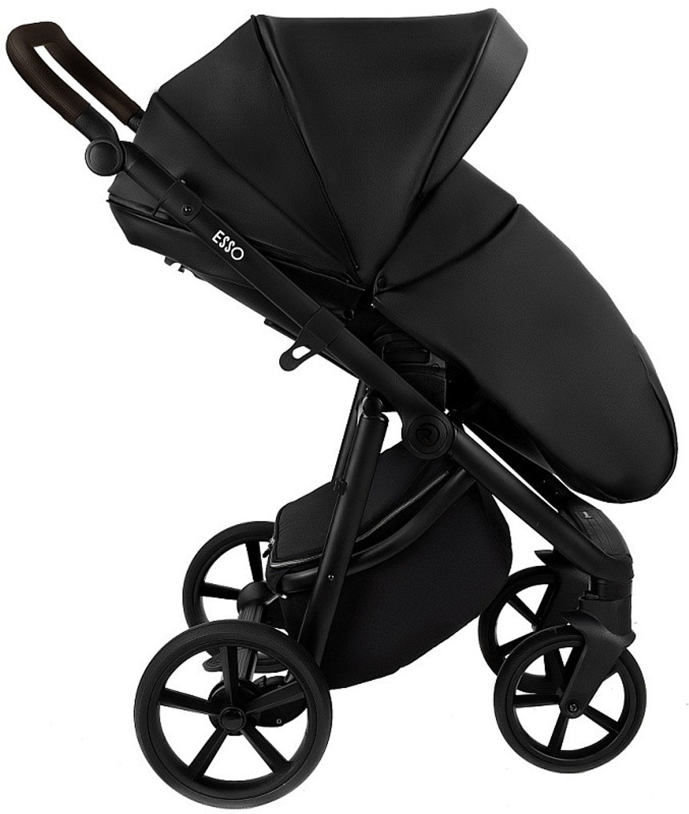 Детская коляска Roan Esso Кожа 3 в 1 с автокреслом Tutis Elo Lux EduSky Black ESSK/210/1 Black /Black/руч.Тем.коричневый