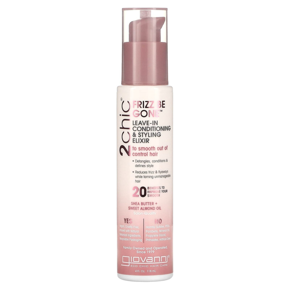 Giovanni, 2chic, Frizz Be Gone, несмываемый эликсир для разглаживания непослушных волос, для ухода и укладки, масло ши и масло сладкого миндаля, 118 мл (4 жидк. унции)