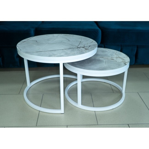 Стол Журнальный №6 белый муар/600х600/круг Пласт.1к.мрамор беж3020/кр.белая/2 столеш.500х500/двойн