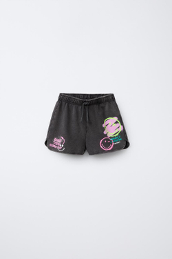 ZARA ШОРТЫ ИЗ МЯГКОЙ ТКАНИ С ЭФФЕКТОМ ПОТЕРТОСТИ «СМАЙЛИК»®, АНТРАЦИТОВО-СЕРЫЙ