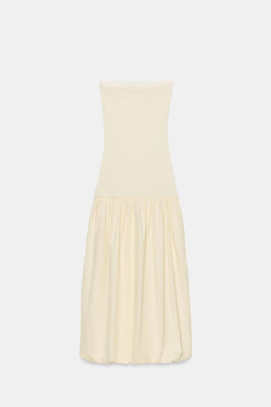 ZARA ПЛАТЬЕ МИДИ С ОТКРЫТЫМИ ПЛЕЧАМИ И КОМБИНИРОВАННОЙ ТКАНЬЮ, ЭКРЮ