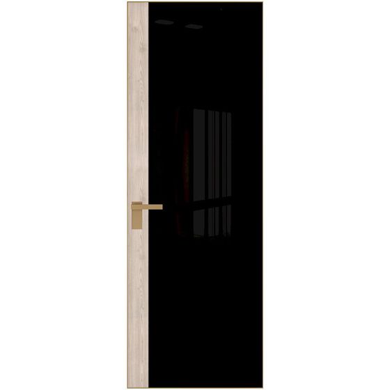 Алюминиевая дверь 6AGК кромка золото стекло чёрный лак вставка дуб сонома