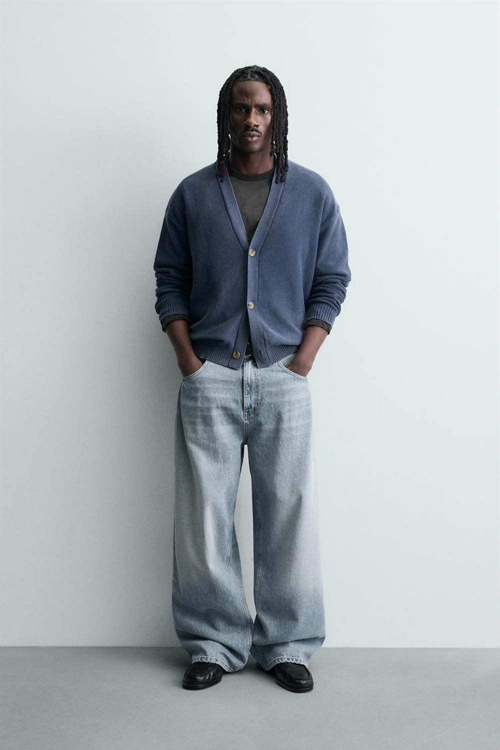 ZARA КАРДИГАН RELAXED FIT С ЭФФЕКТОМ ПОТЕРТОСТИ, СИНИЙ