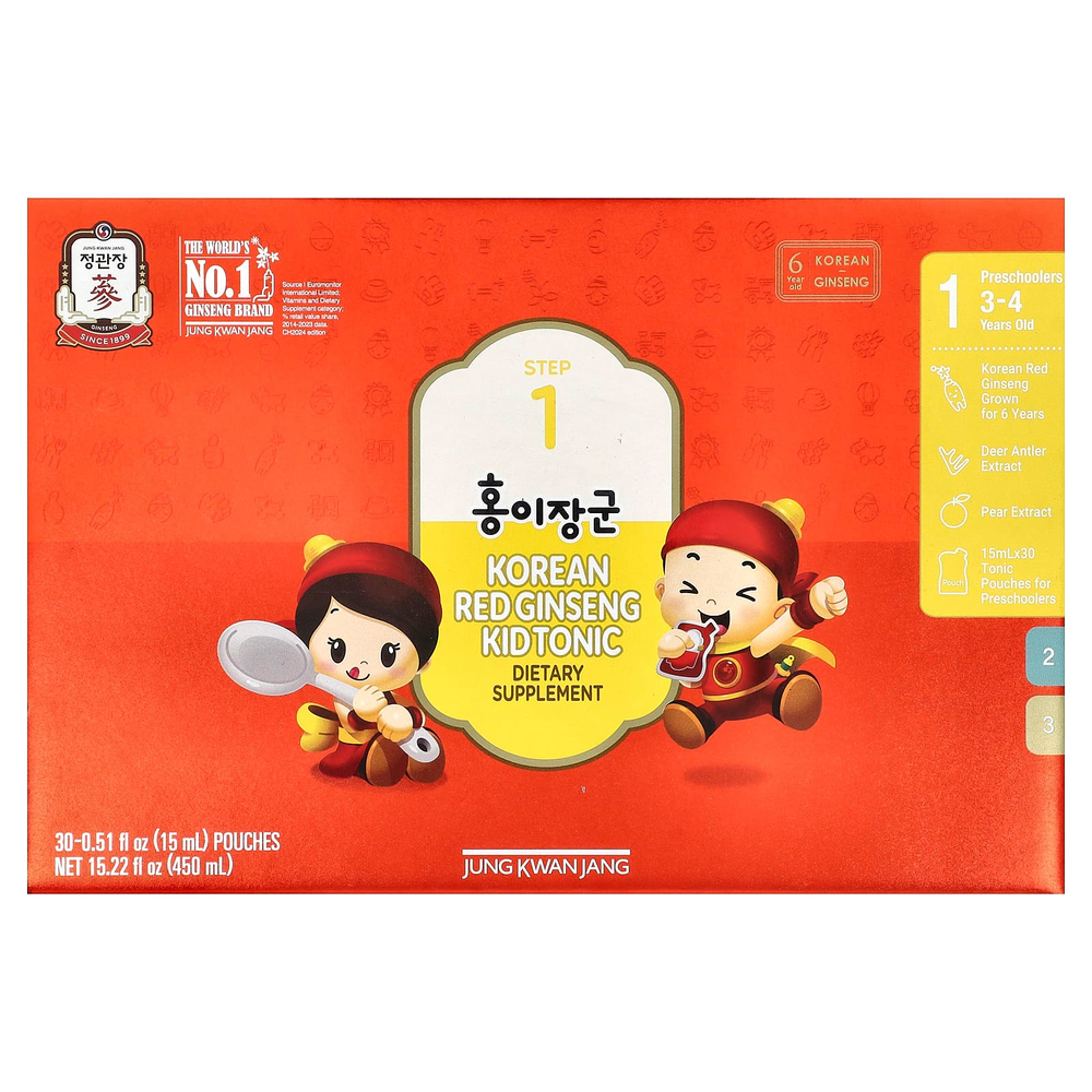 JungKwanJang, корейский тоник с красным женьшенем, этап 1, для детей 3–4 лет, 30 пакетиков, 15 мл (0,51 жидк. унции)