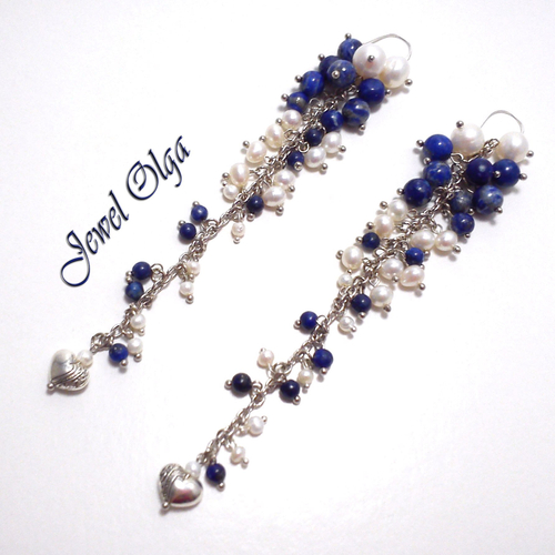 Серьги "Вальс сердец" длинные серьги с жемчугом лазуритом