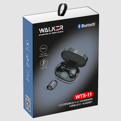 Наушники WALKER WTS-11, сенс. управление, независ. работа наушников, цифр. индикатор заряд, черные