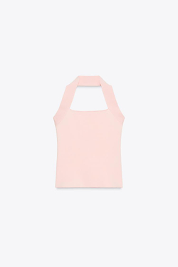 ZARA ЭЛАСТИЧНЫЙ ТОП С ГОРЛОВИНОЙ ХАЛТЕР, РОЗОВЫЙ