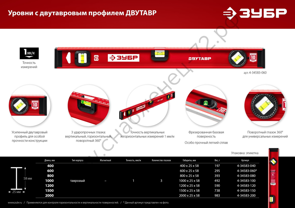 ЗУБР ДВУТАВР, 1000 мм, двутавровый, уровень с усиленным профилем (4-34583-100)