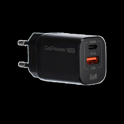 Зарядное устройство сетевое GoPower GPQC09 1USB+1Type-C 35W QC3.0 GaN черный