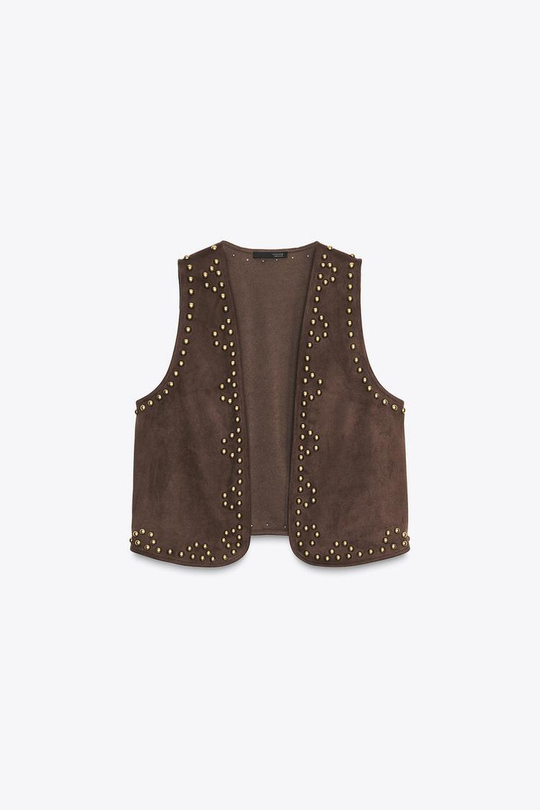 ZARA ЖИЛЕТ ИЗ ИСКУССТВЕННОЙ ЗАМШИ С ЗАКЛЕПКАМИ, ШОКОЛАДНЫЙ