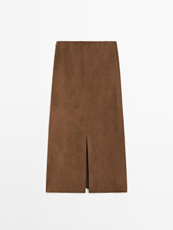 Massimo Dutti Юбка миди из замши, коричневый