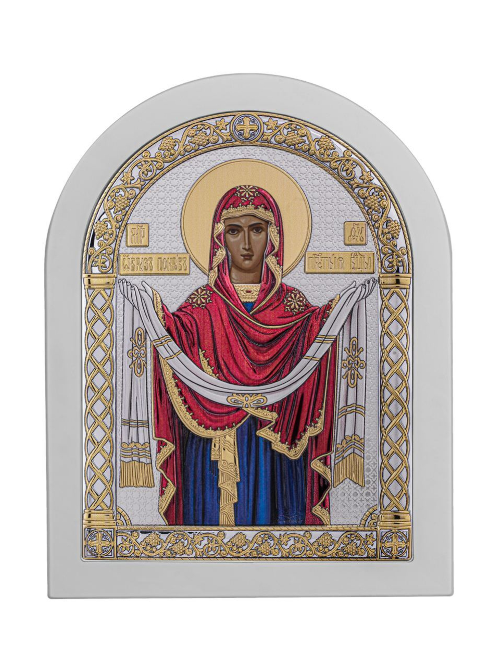 Покрова БМ, икона арочная, белое дерево, эмаль 105х140