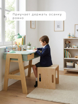 Растущий стул для детей, 34х34х34, Чек, стол и стул 2в1, деревянный, бежевый, Dipriz